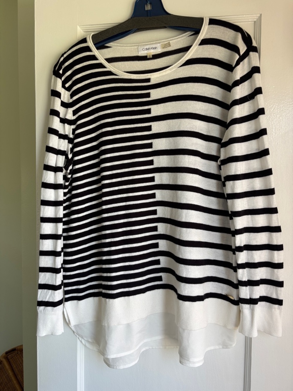 Calvin Klein Black & White Striped Layered-Hem Sweater